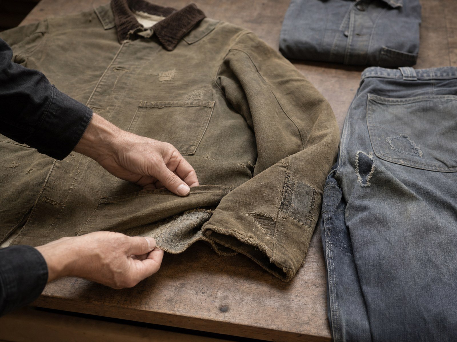 Hands examining a worn work jacket on an orderly wooden table
