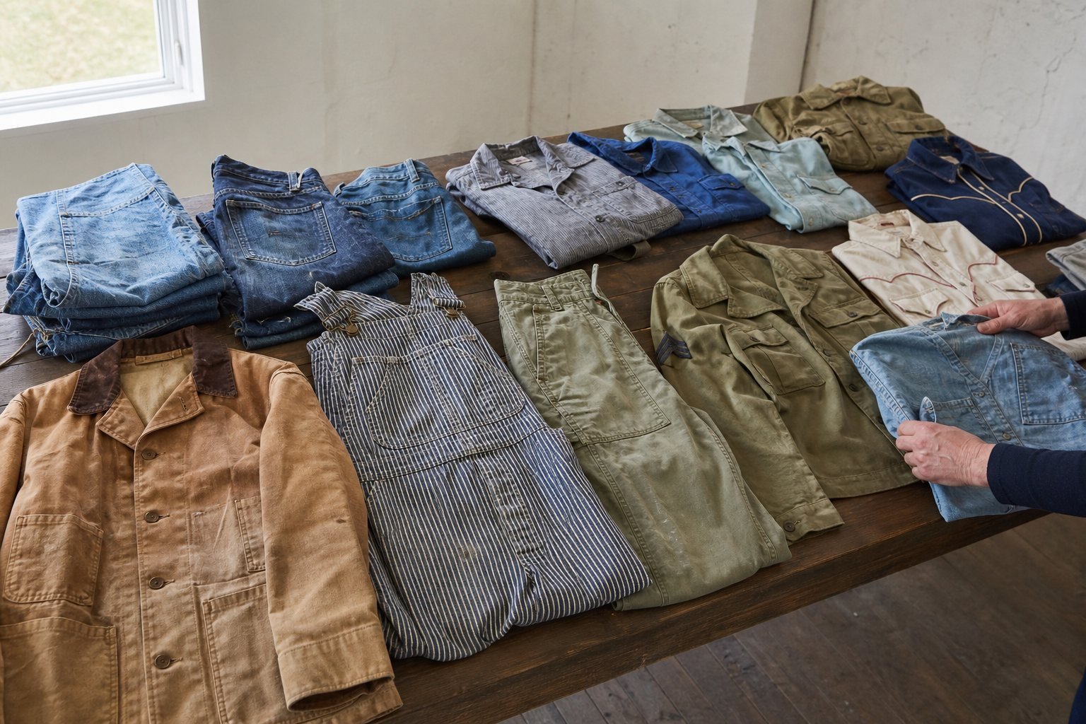 Representative table holding a mixed group of older garments for review