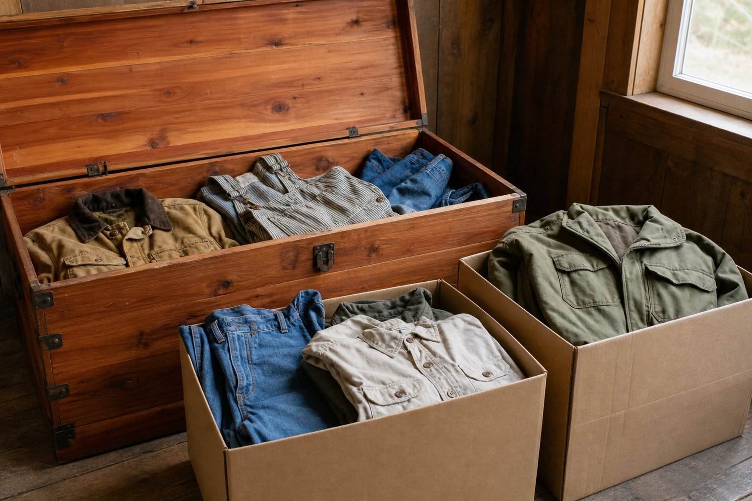 Representative estate storage area with older clothing grouped for review